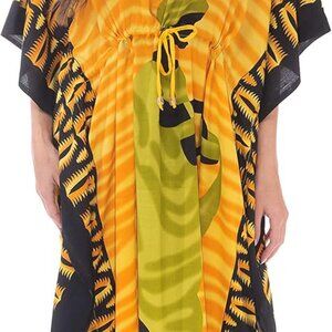 African Print Caftan Women Maxi Dress V-neck Belt Short Sleeve Comfortable